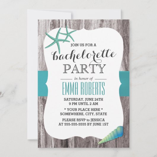 Turquoise Seashells Beach Theme Bachelorette Party Kaart (Voorkant)