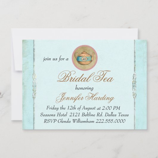 Turquoise  Shabby Bridal Tea Party Kaart (Voorkant)