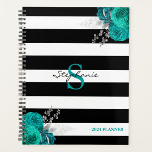 Turquoise Silver Floral Monogramme Black Stripes 2
