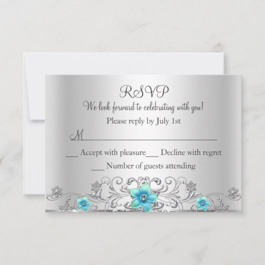 Turquoise Silver Floral Swirl RSVP (Devant)