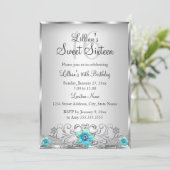 Turquoise Silver Floral Swirl Sweet 16 Invitation (Debout devant)