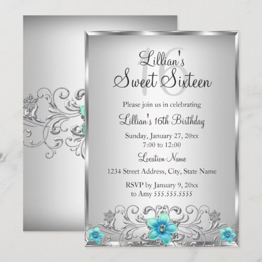 Turquoise Silver Floral Swirl Sweet 16 Invitation (Devant / Derrière)