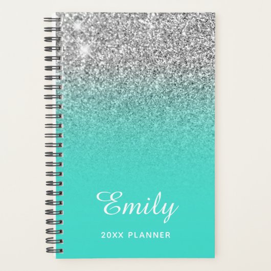 Turquoise Silver Glitter Ombre Persoonlijk Planner (Voorkant)
