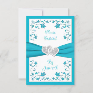 Turquoise, Silver Love Hearts Bruiloft RSVP Kaart