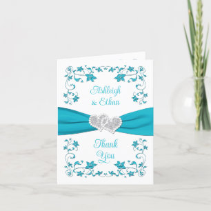 Turquoise, Silver Love Hearts Carte de remerciemen