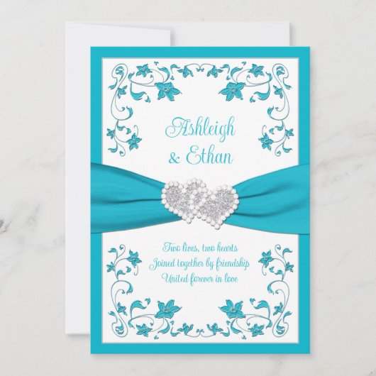 Turquoise, Silver Love Hearts Faire-part de mariag (Devant)