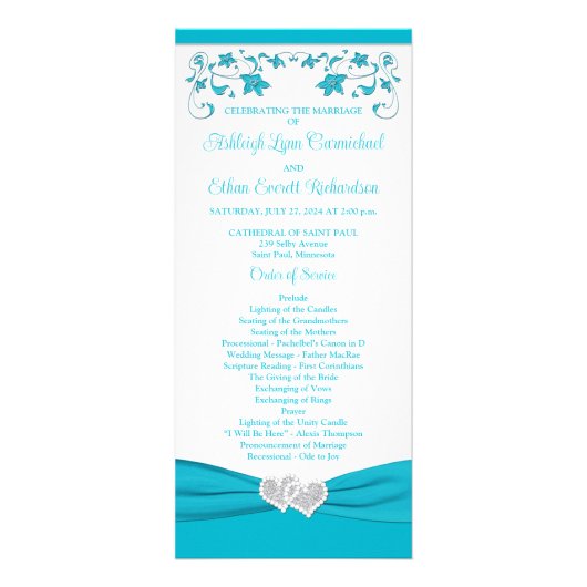 Turquoise, Silver Love Hearts Programme de mariage (Devant)