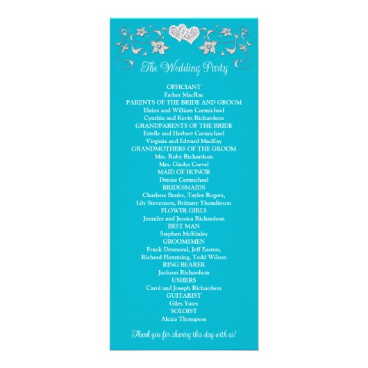 Turquoise, Silver Love Hearts Programme de mariage (Dos)