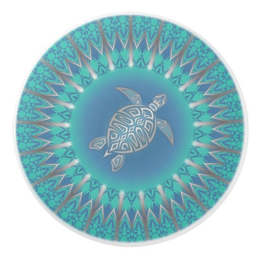 Turquoise Silver Turtle Mandala Ceramic Knob. Keramische Knop (Voorkant)