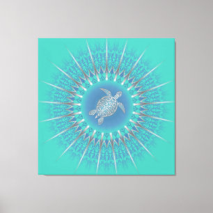 Turquoise Silver Turtle Mandala Coastal Canvas Afdruk