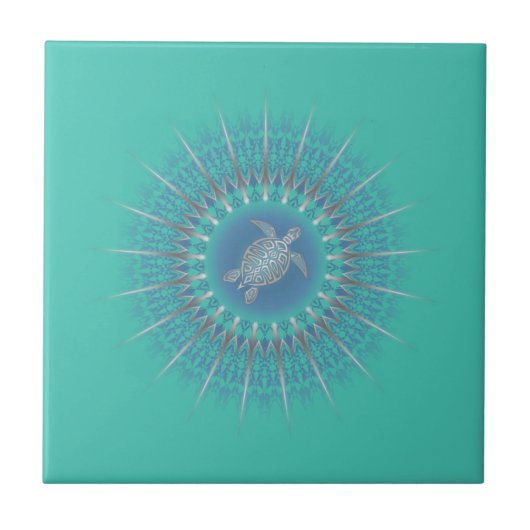 Turquoise Silver Turtle Mandala Tegeltje (Voorkant)