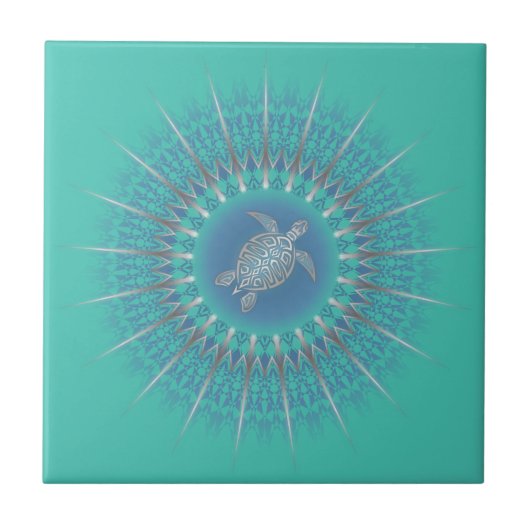 Turquoise Silver Turtle Mandala Tegeltje (Voorkant)