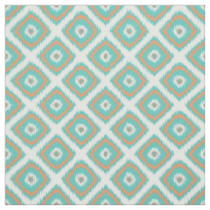 Turquoise Sinaasappel Diamond Squares Ikat Pattern Stof