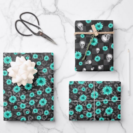 Turquoise Skulls and Sunflower Series Design 5 Inpakpapier Vel (Voorkant)