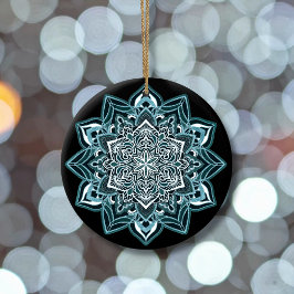 Turquoise Sneeuwvlok op zwart Keramisch Ornament