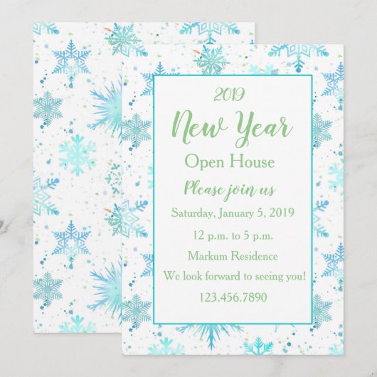Turquoise Snowflake Nieuwjaar Open House Uitnodigi Kaart (Voorkant / Achterkant)