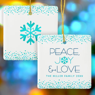 Turquoise Snowflake Peace Joy Love Custom Name Keramisch Ornament