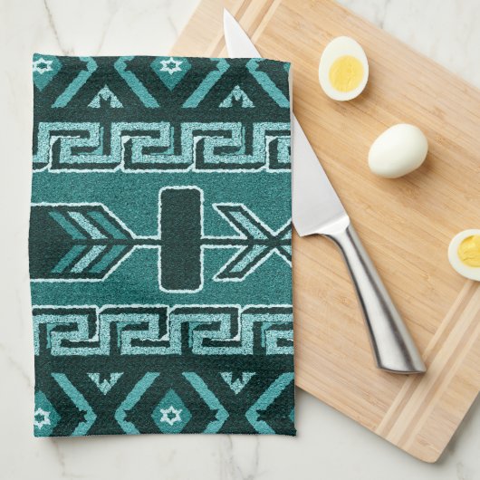 Turquoise Southwest Aztec Pattern Theedoek (Quarter Fold)