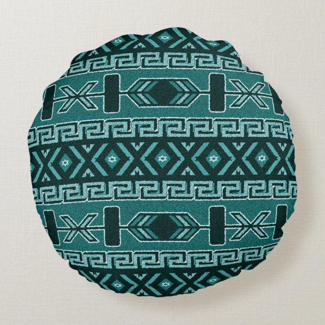 Turquoise Southwest Tribal Aztec Pattern Rond Kussen (Achterkant)