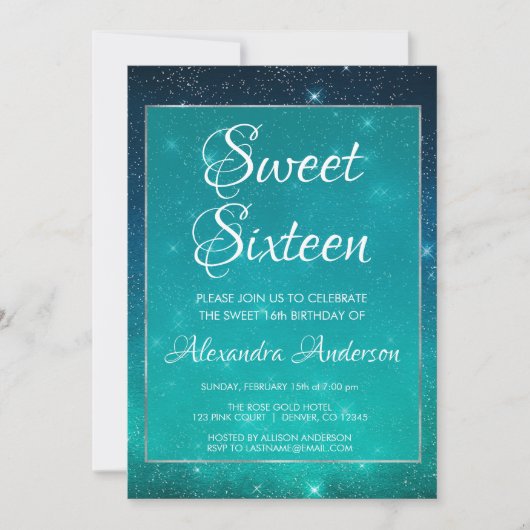 Turquoise Sparkle Sky Sweet 16 Verjaardag Uitnodig Kaart (Voorkant)