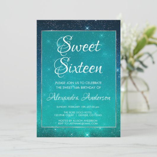 Turquoise Sparkle Sky Sweet 16 Verjaardag Uitnodig Kaart (Staand voorkant)