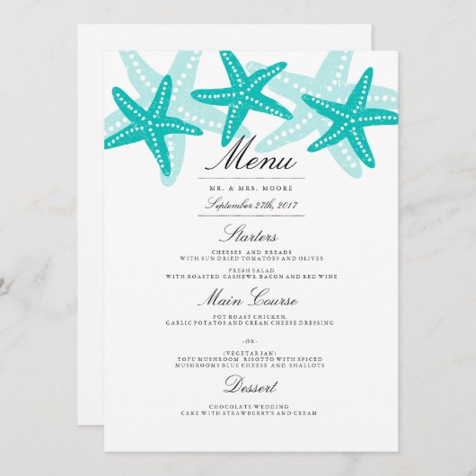 Turquoise Starfish Beach Wedding Dinner Menu (Devant / Derrière)