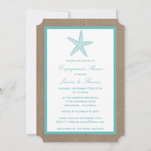 Turquoise Starfish Burlap Beach Verloving Shower Kaart (Voorkant)