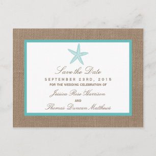 Turquoise Starfish Burlap Beach Wedding Collectie Aankondigingskaart