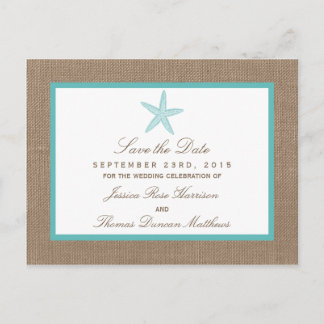 Turquoise Starfish Burlap Beach Wedding Collectie Aankondigingskaart