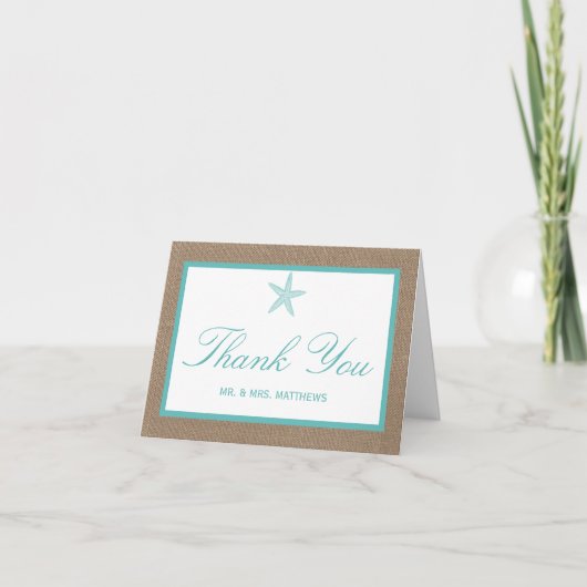 Turquoise Starfish Burlap Beach Wedding Collectie Bedankkaart (Voorkant)