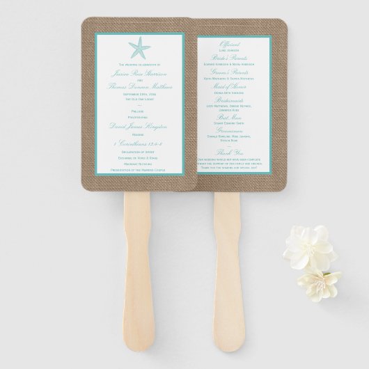 Turquoise Starfish Burlap Beach Wedding Collectie Handwaaier (Voorkant en achterkant)