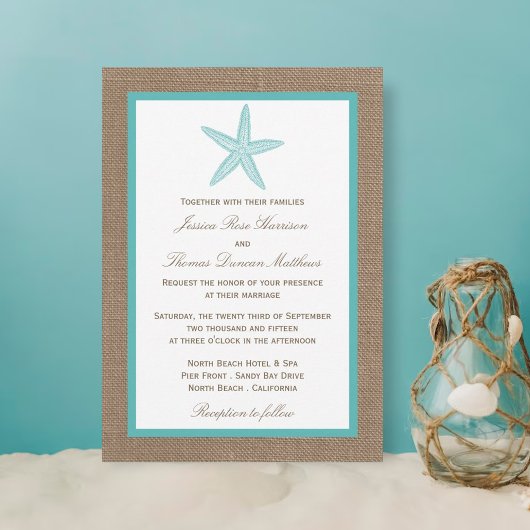 Turquoise Starfish Burlap Beach Wedding Collectie Kaart