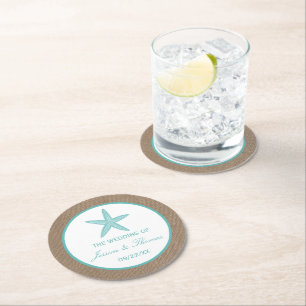 Turquoise Starfish Burlap Beach Wedding Collectie Ronde Kartonnen Onderzetter