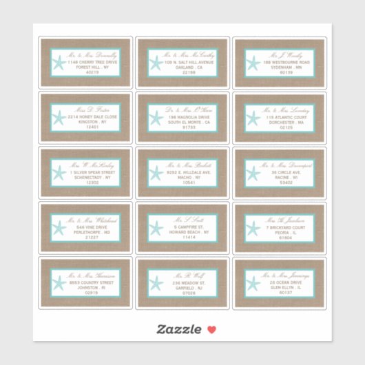 Turquoise Starfish Burlap Beach Wedding Collectie Sticker (Vel)