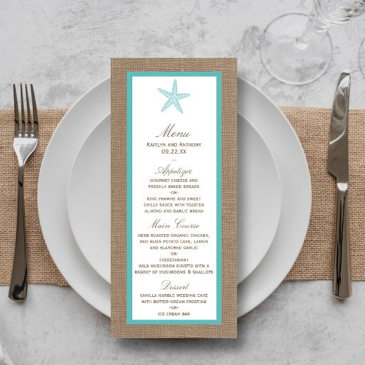 Turquoise Starfish Burlap Beach Wedding Menu
