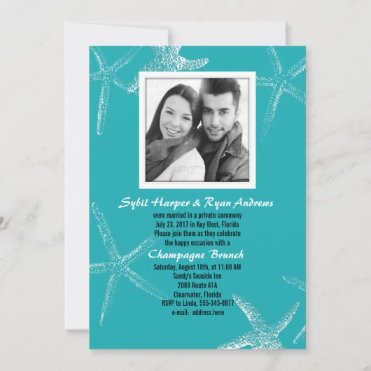 Turquoise Starfish Wedding Photo Reception Invite Kaart (Voorkant)