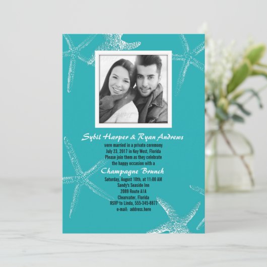 Turquoise Starfish Wedding Photo Reception Invite Kaart (Staand voorkant)