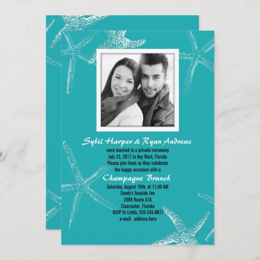 Turquoise Starfish Wedding Photo Reception Invite Kaart (Voorkant / Achterkant)
