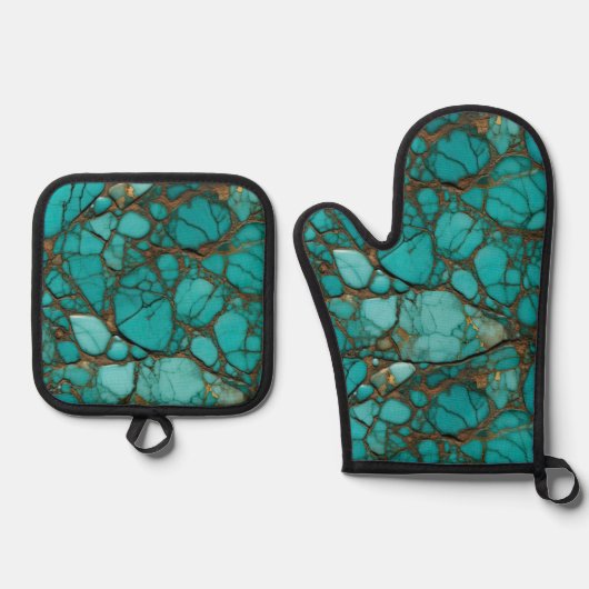 Turquoise stenen ovenwant & pannenlap set (Voorkant)