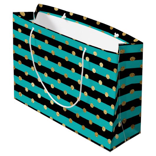 Turquoise strepen met Polka Dots Verjaardagsfeest Groot Cadeauzakje (Achterkant Gekanteld)