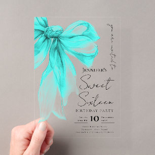 Turquoise Strikje Coquette Script Sweet 16 Feest Acryl Uitnodigingen