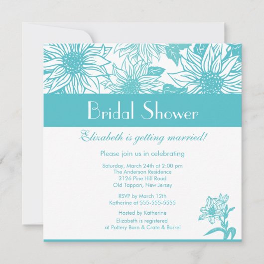 Turquoise Sunflower Bridal Shower Invitation Kaart (Voorkant)