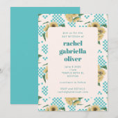 Turquoise Sunflower Checkerboard Bat Mitzvah Kaart (Voorkant / Achterkant)