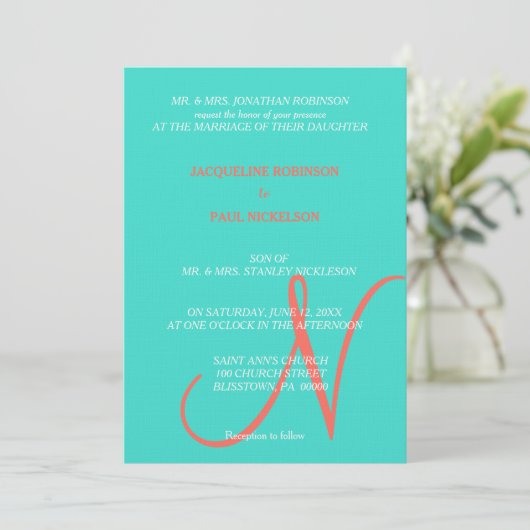 Turquoise Sunset Heart Monogram Kaart (Staand voorkant)