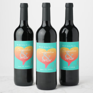 Turquoise Sunset Hearts Monogram Wijn Etiket