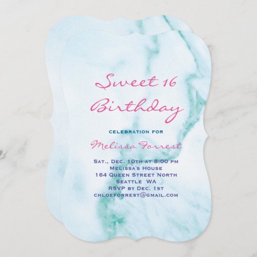 Turquoise Sweet 16 Marbre Invitation Anniversaire (Devant / Derrière)