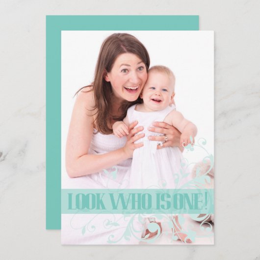 Turquoise Swirl Baby's First Birthday Invitation Kaart (Voorkant / Achterkant)