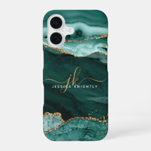Turquoise Teal Agate Gouden Glitter Monogram iPhone 16 Hoesje