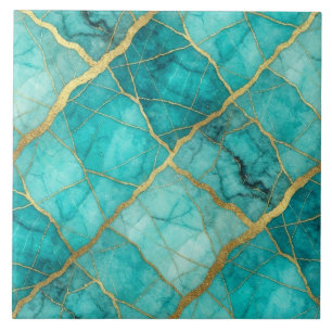 Turquoise Teal Blauw en Goud Marmer Tegeltje