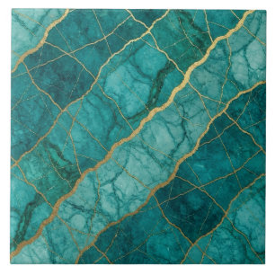 Turquoise Teal Blauw en Goud Marmer Tegeltje